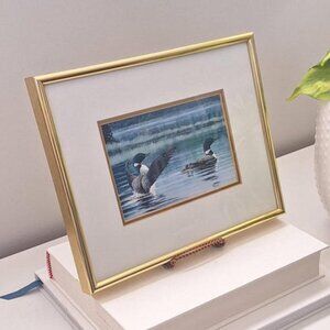 Vintage Framed Loon Duck Bird Print Art by Don Li-Leger Brass Frame 1997